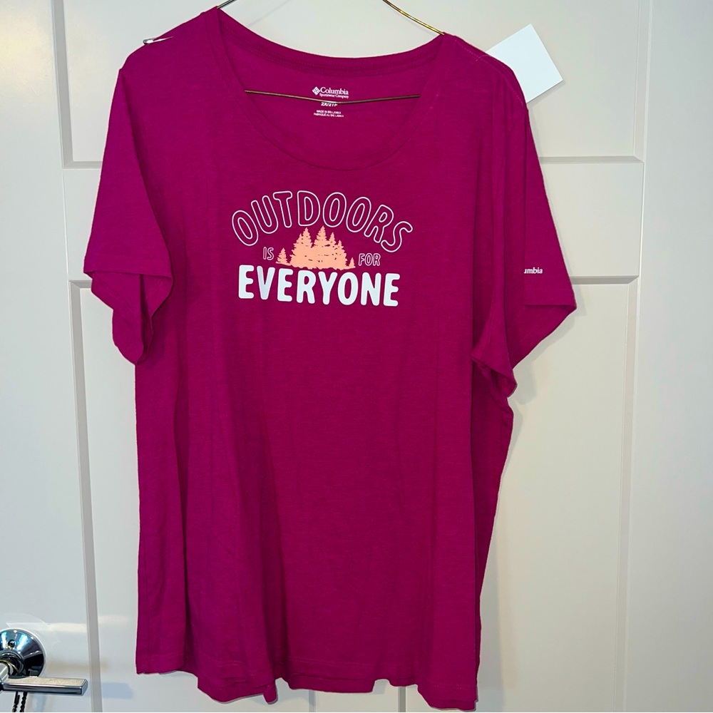 Columbia women’s plus pink 2x Tshirt “outdoors is for everyone”